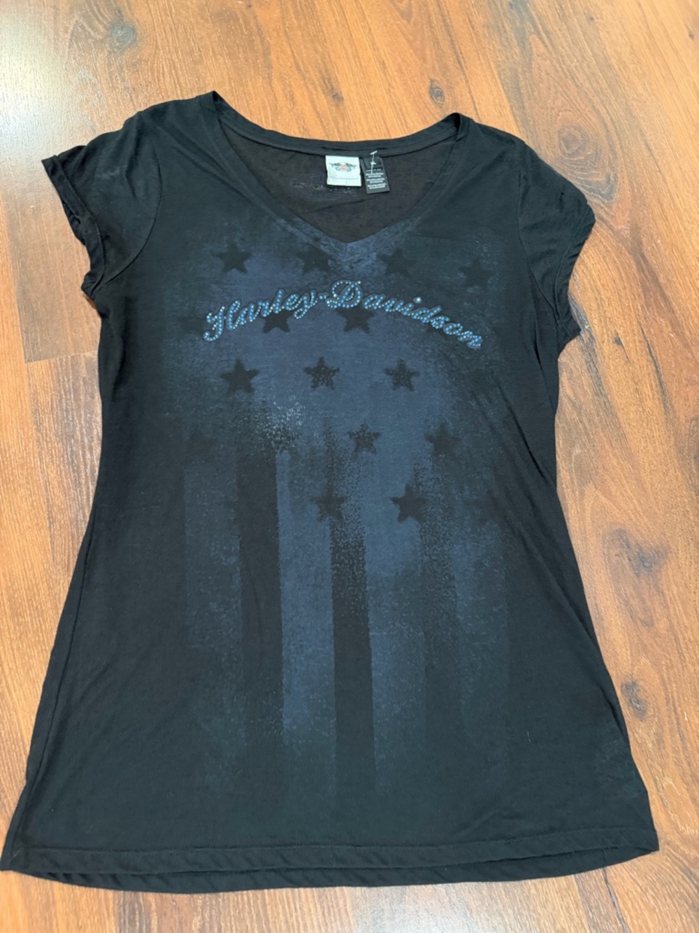 Harley-Davidson Black T-Shirt X-Large Blue Bling Flag Stars Top
Shirt V Neck Hog